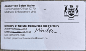 Business card for Conservation Office Jasper van Balen Walter (226-974-0342).